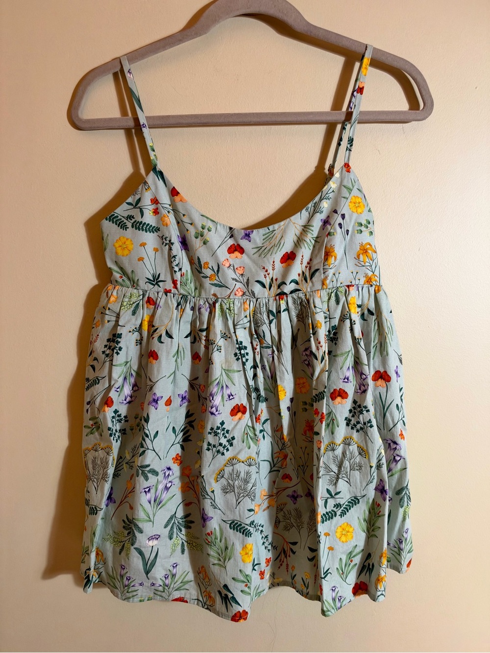 Hutch Floral Spaghetti-Strap Scoop Neck Babydoll Tank Top Sage Green sz XXS